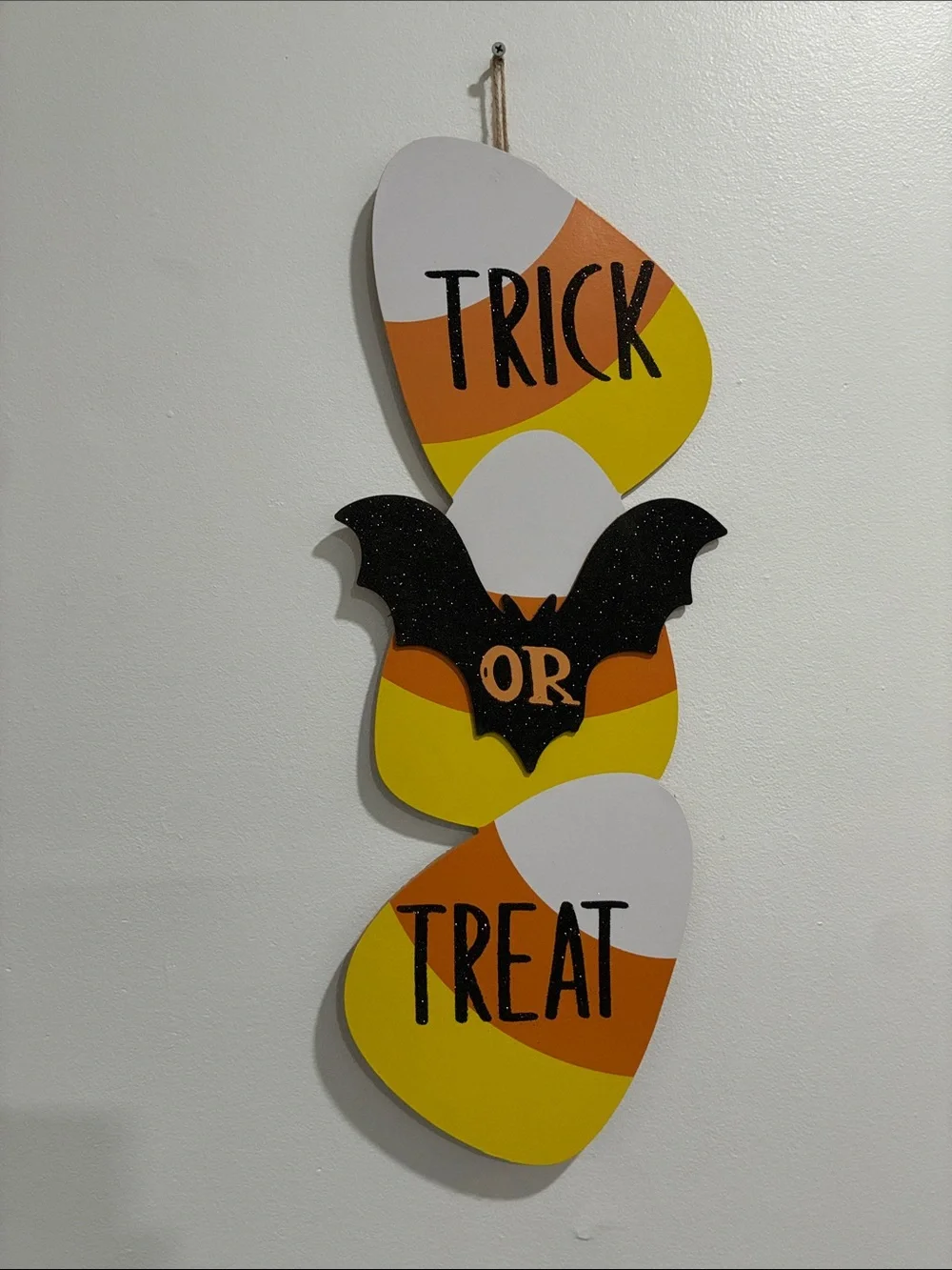 NWT 25”-Trick or Treat- Candy Corn & Bat- Glittered Wooden Halloween Decor Sign